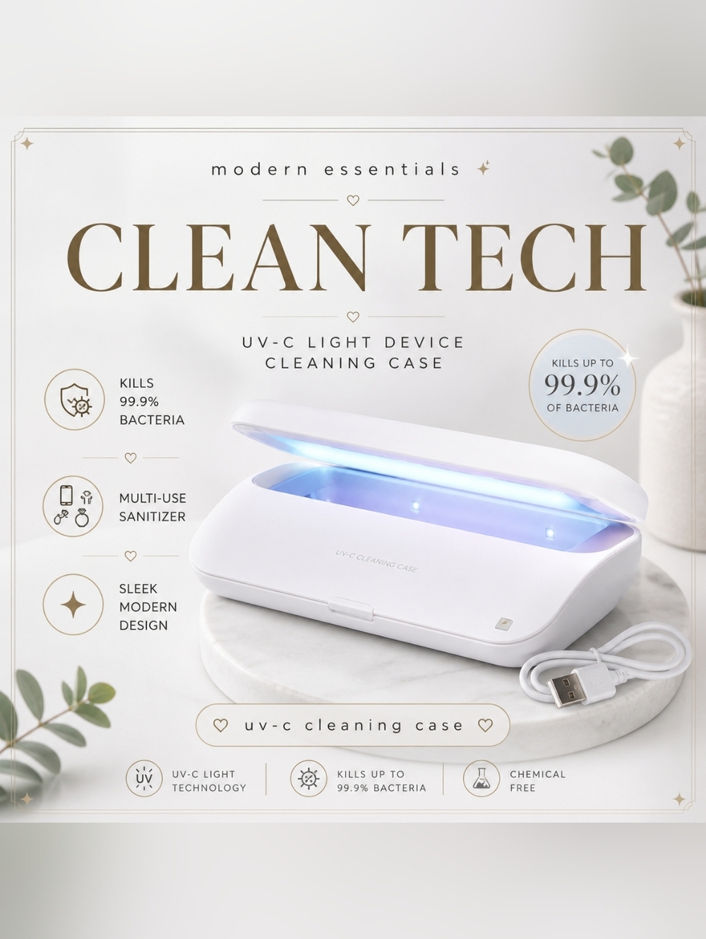UV-C Light Sanitizer Cleaning Case Box Device Cleaner White